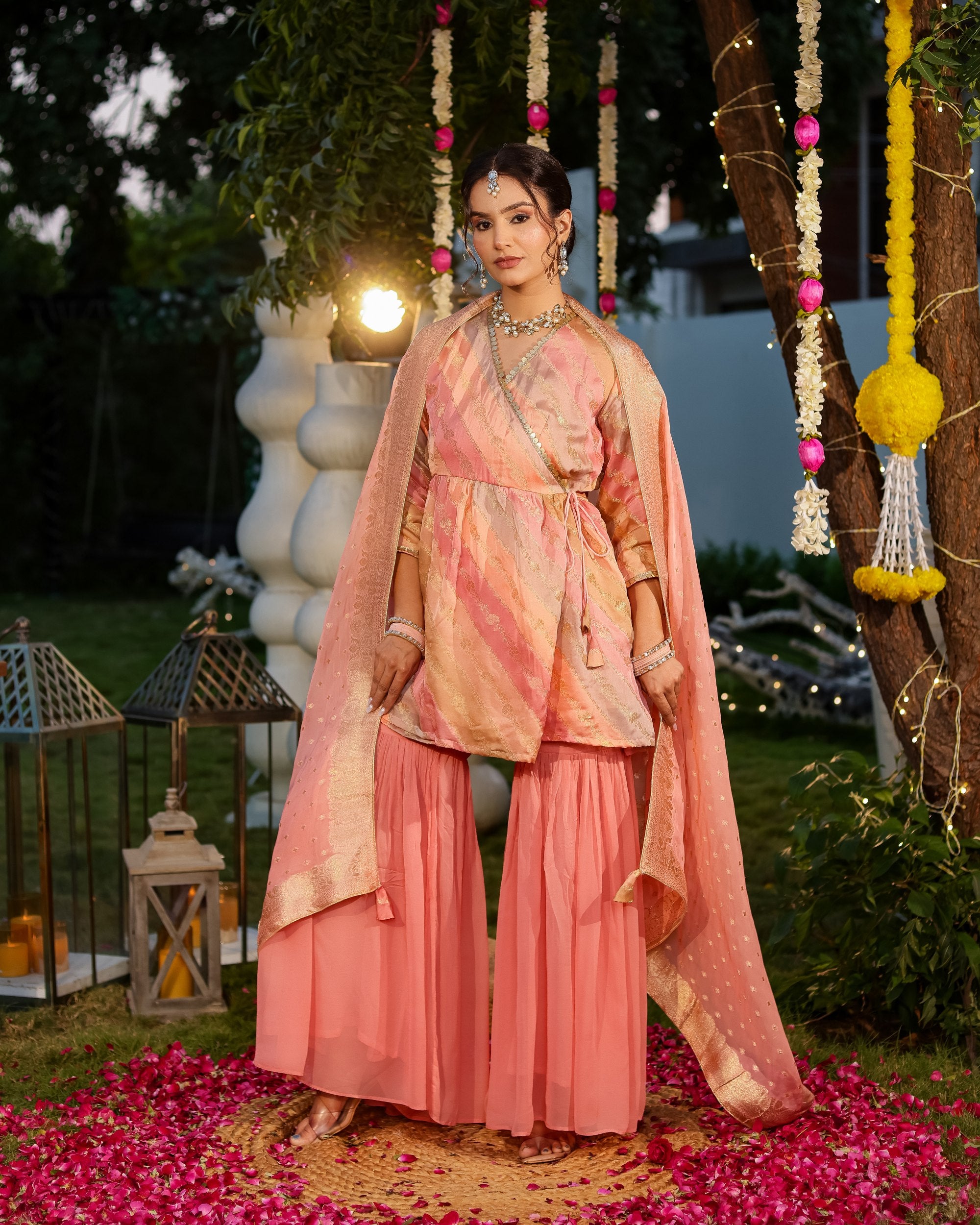Peach Colour Angrakha Short Kurta Set