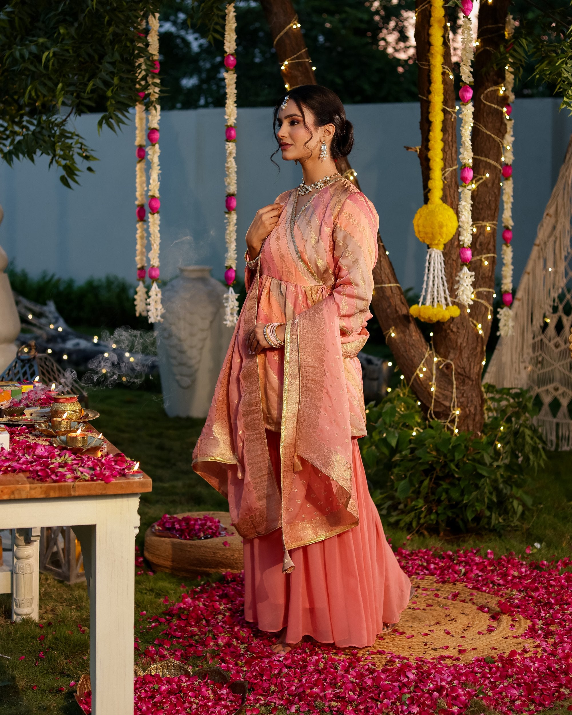 Peach Colour Angrakha Short Kurta Set