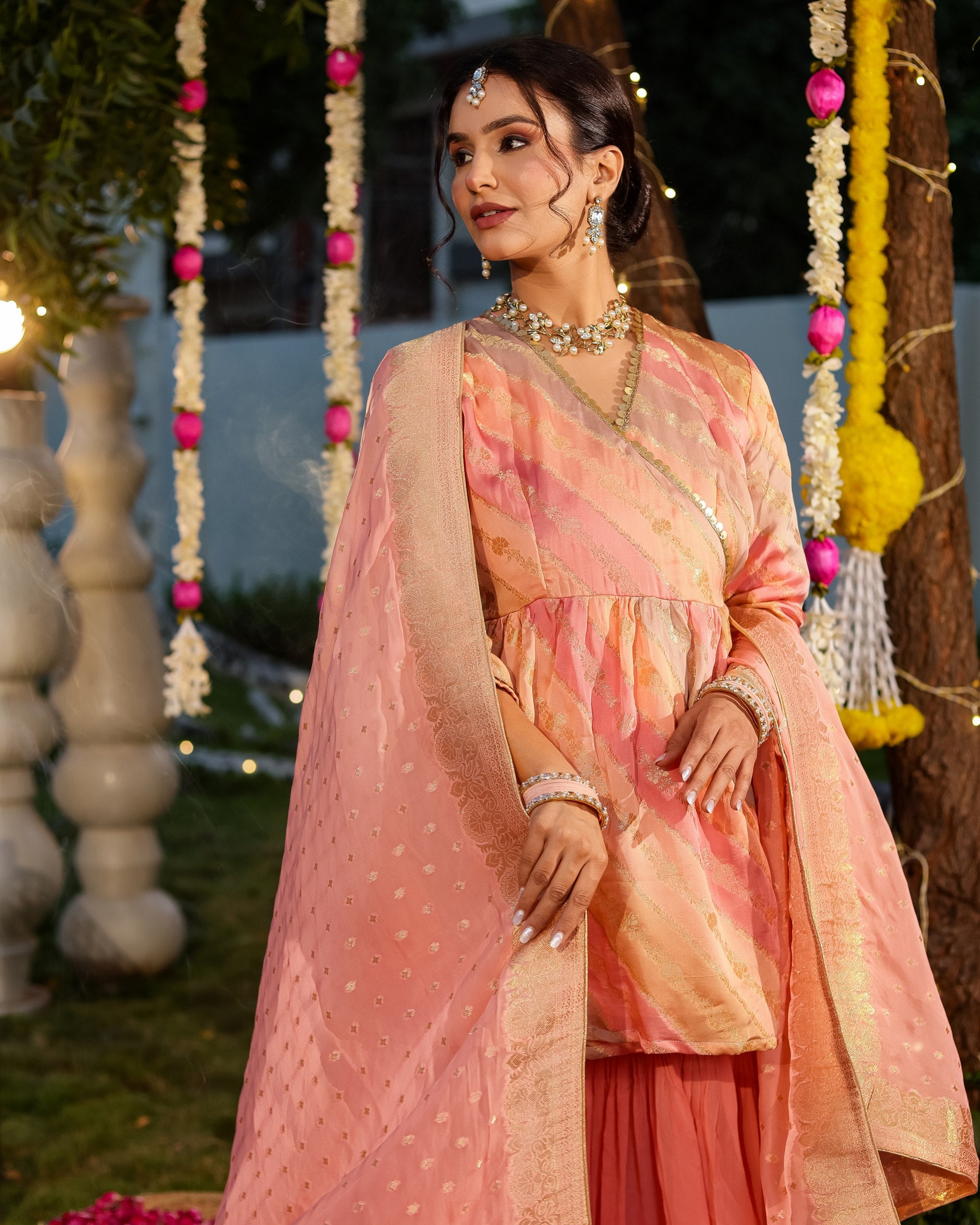 Arunima – Peach Angrakha Short Kurta Set