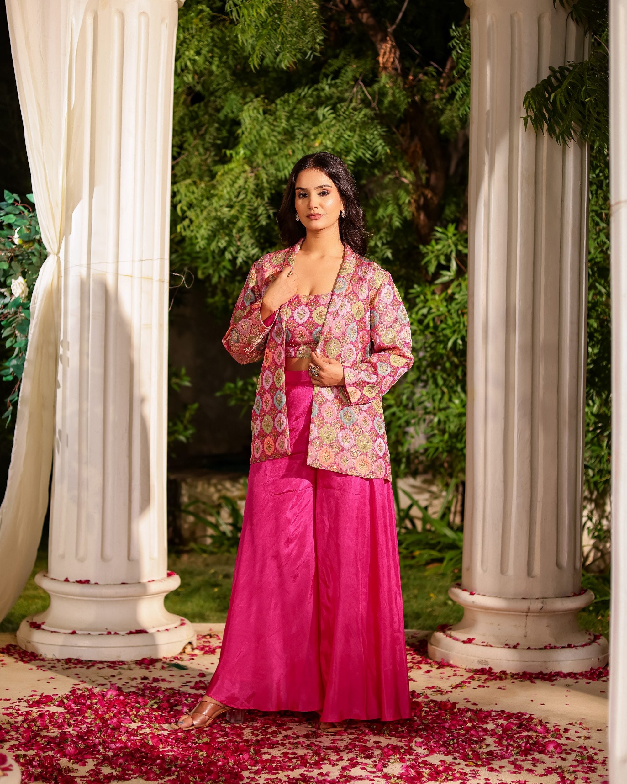 Rangeen – Multicolor Floral Jacket with Bustier & Flared Pant Set