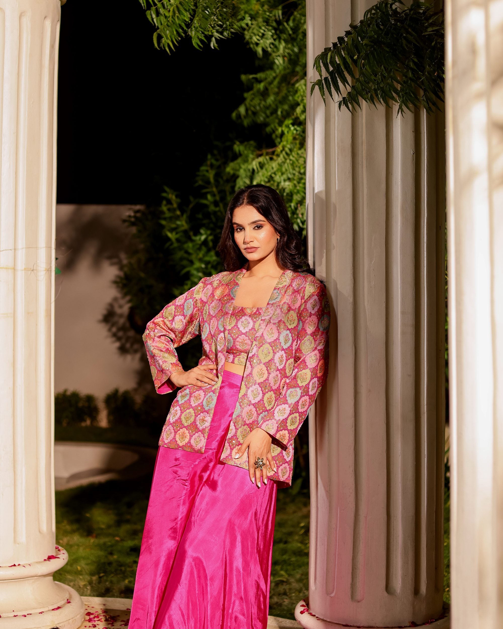 Rangeen – Multicolor Floral Jacket with Bustier & Flared Pant Set
