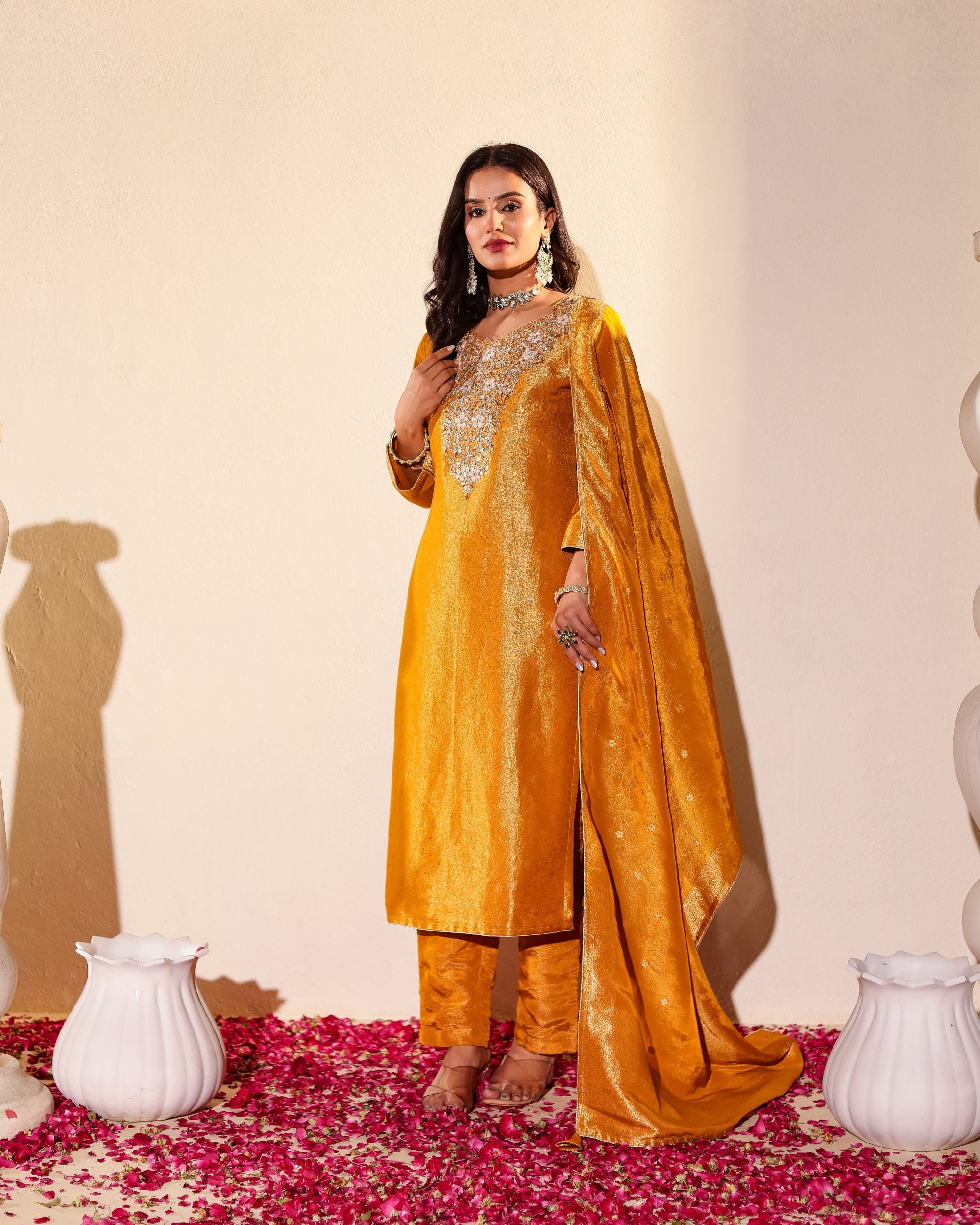 Suvarna – Saffron Embellished Kurta Pant Set