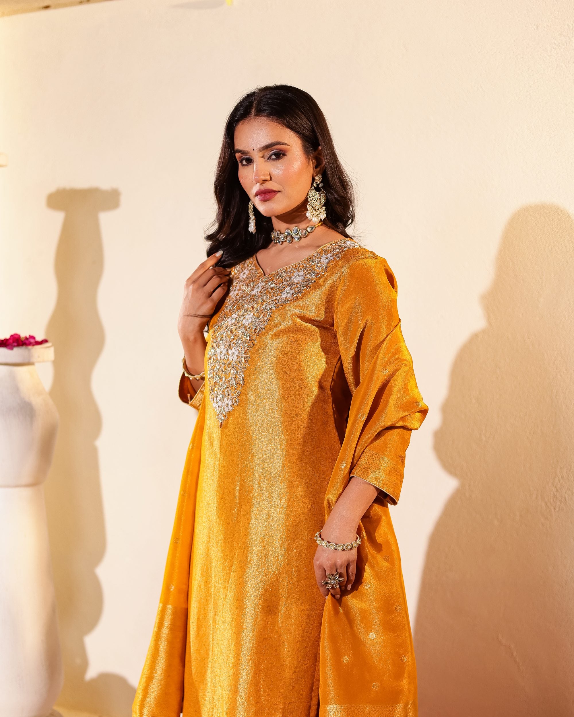 Suvarna – Saffron Embellished Kurta Pant Set