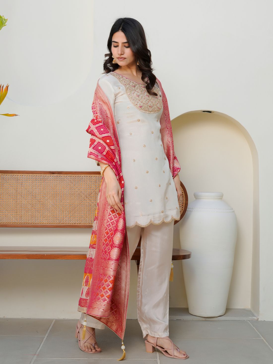 Nura – Cream Tissue Kurta Set with Georgette Dupatta