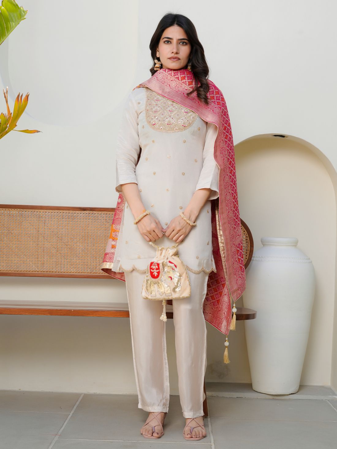 Nura – Cream Tissue Kurta Set with Georgette Dupatta