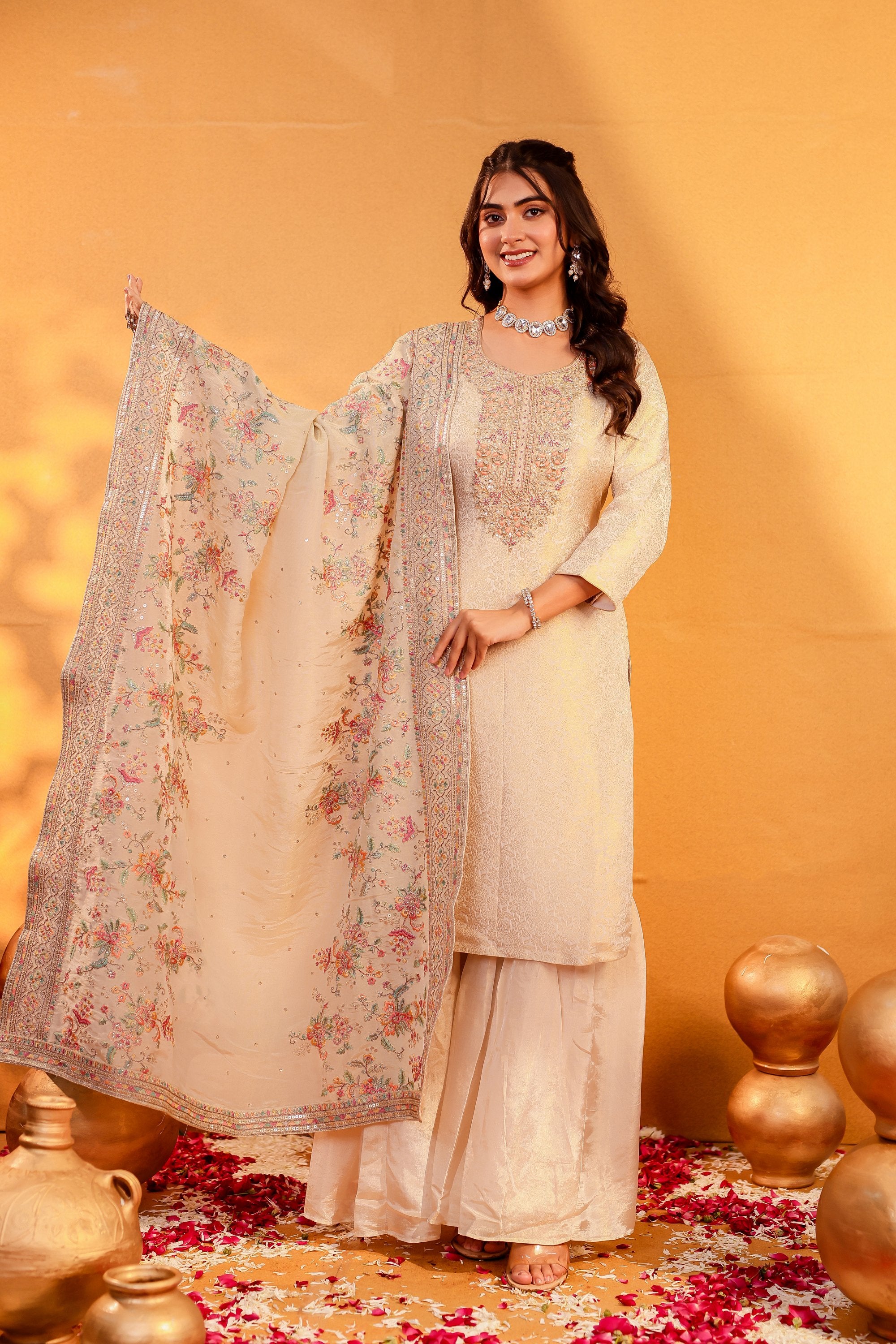 Mehr – Cream Banarasi Sharara Suit with Zardozi Work