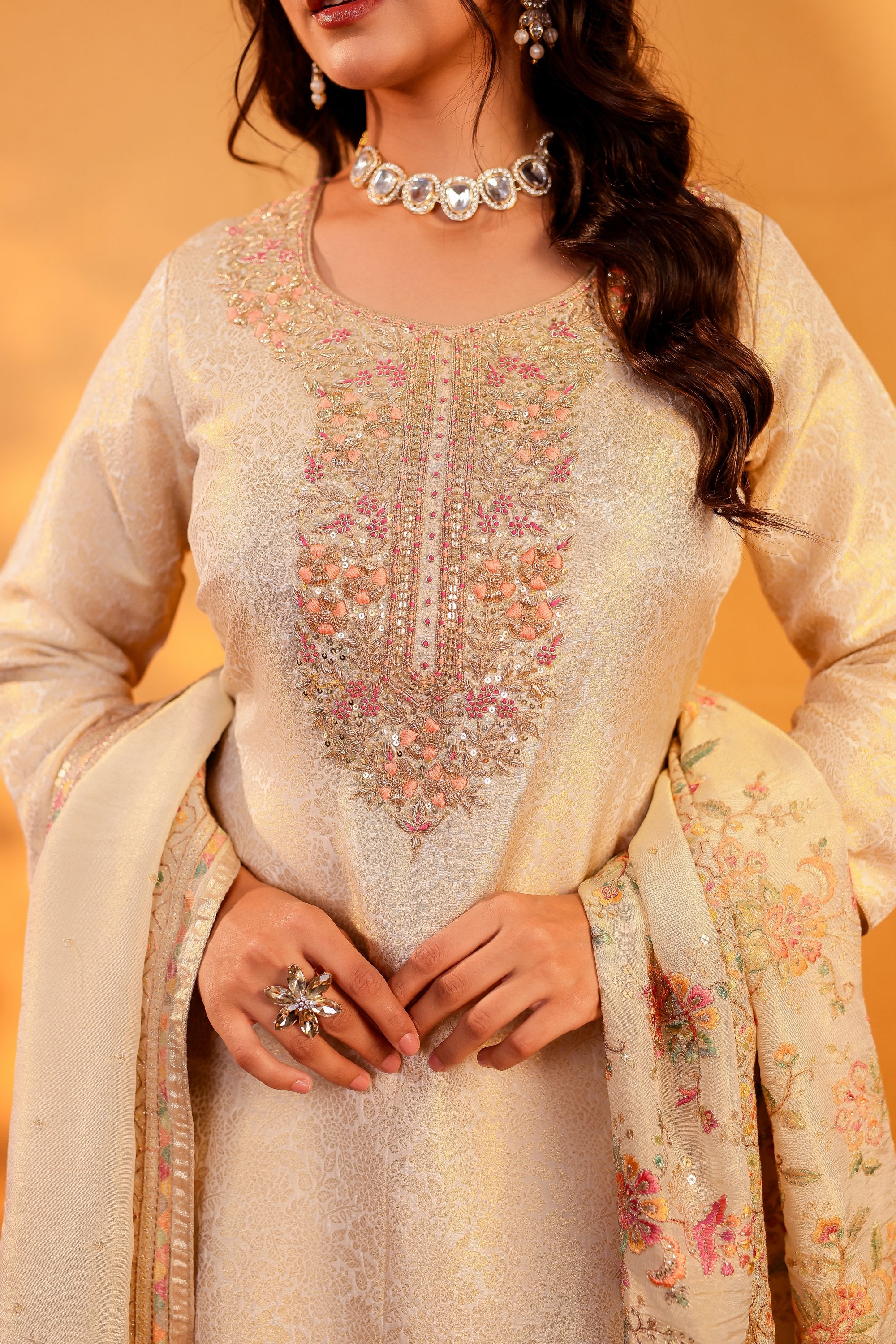 Mehr – Cream Banarasi Sharara Suit with Zardozi Work