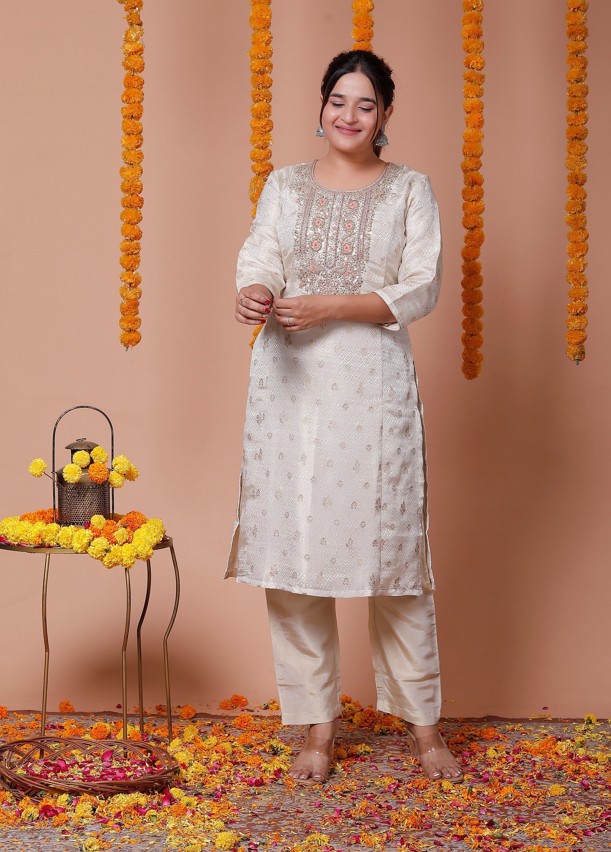 Cream Suit Set With Pant Unstitch