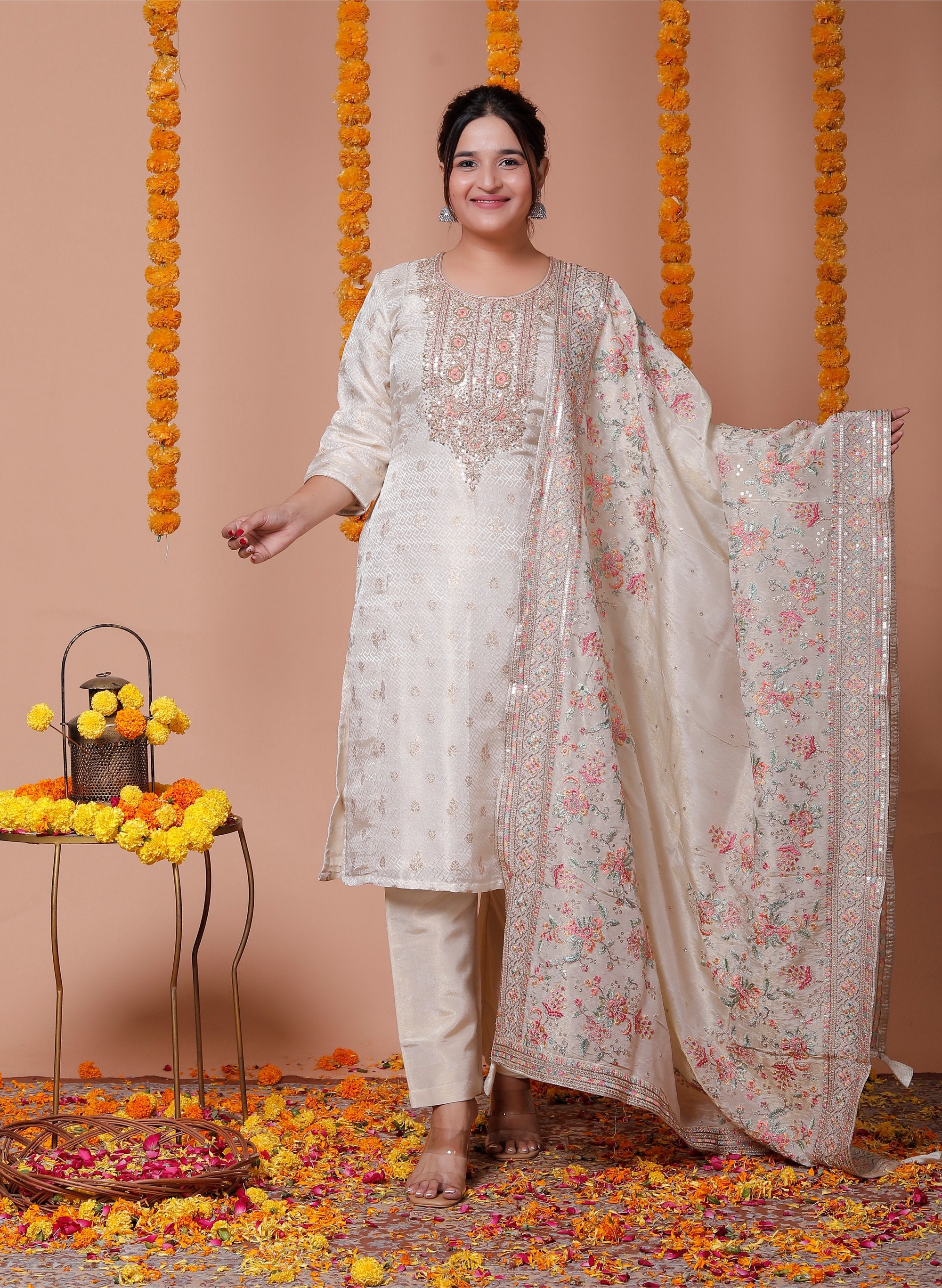 Cream Suit Set With Pant Unstitch