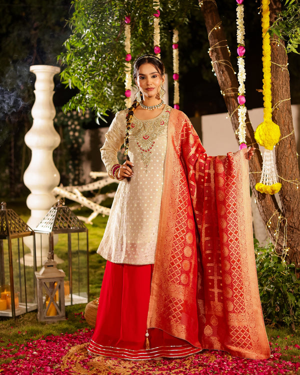 Cream Kurta With Skirt Set