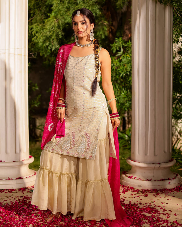 Cream Colour Sleeveless Sharara Set