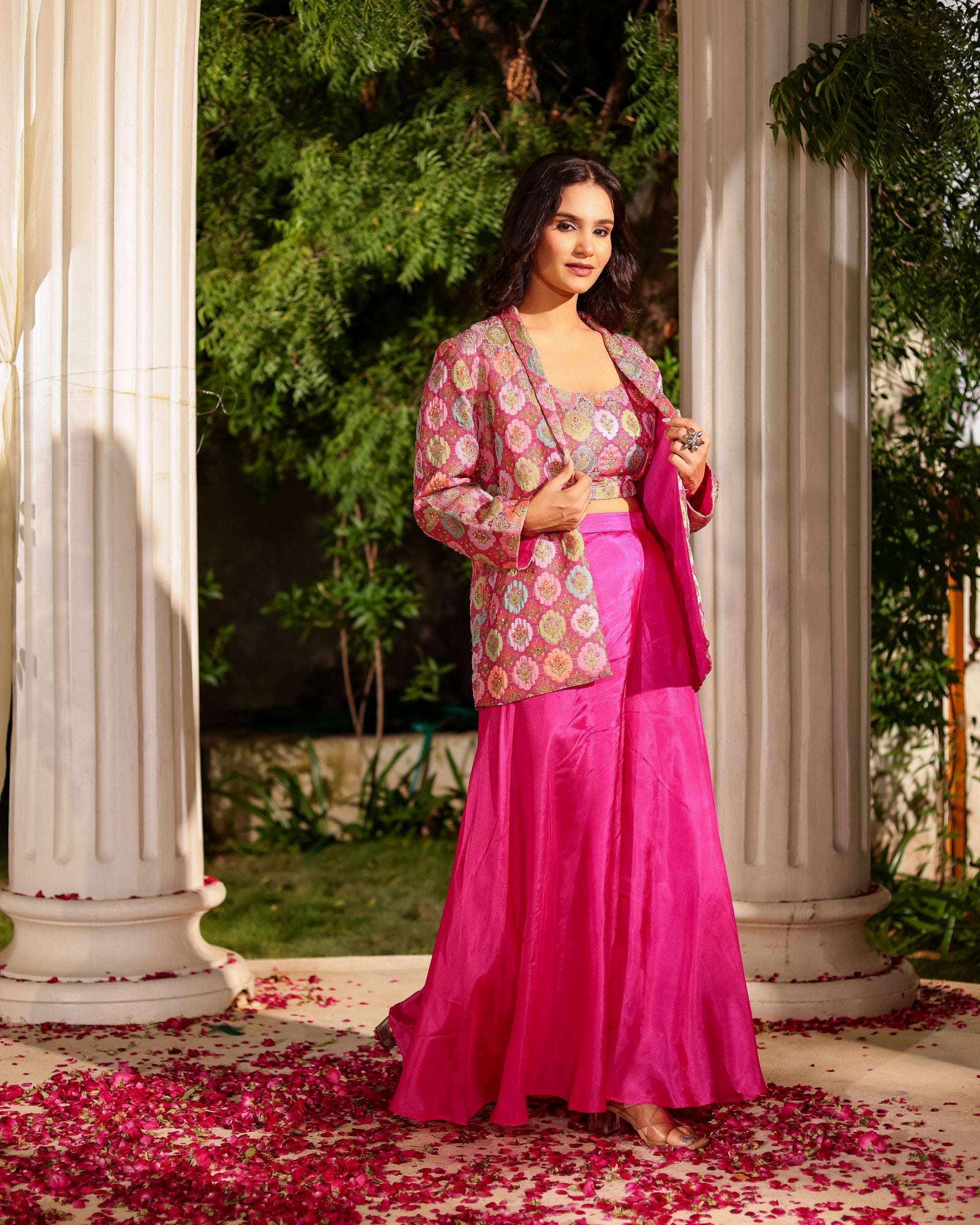 Rangeen – Multicolor Floral Jacket with Bustier & Flared Pant Set
