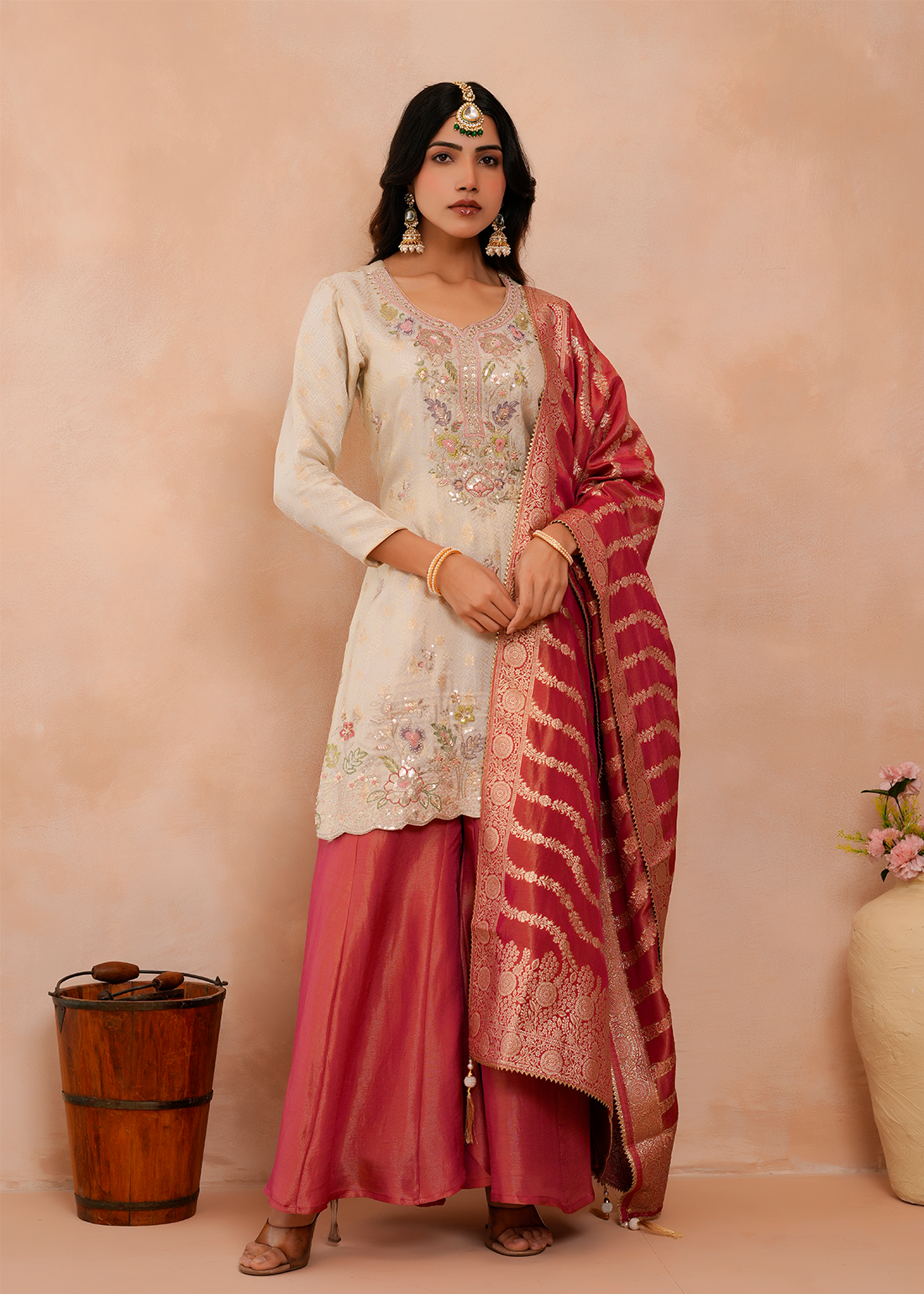 Ruhaani – Cream Floral Sharara Suit  Set