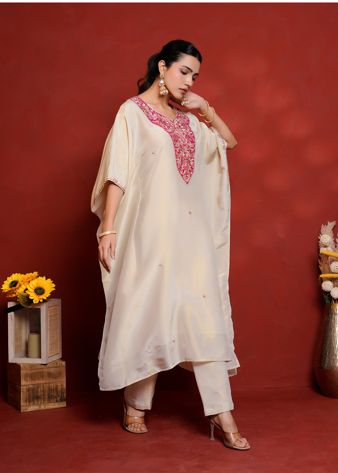 Farida – Ivory Hand-Embroidered Kaftan Pant Set