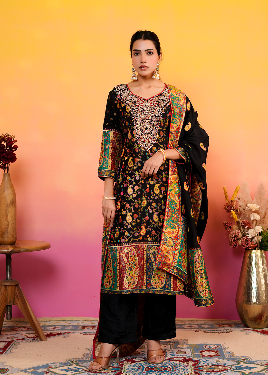 Laila – Midnight Black Embroidered Suit Set