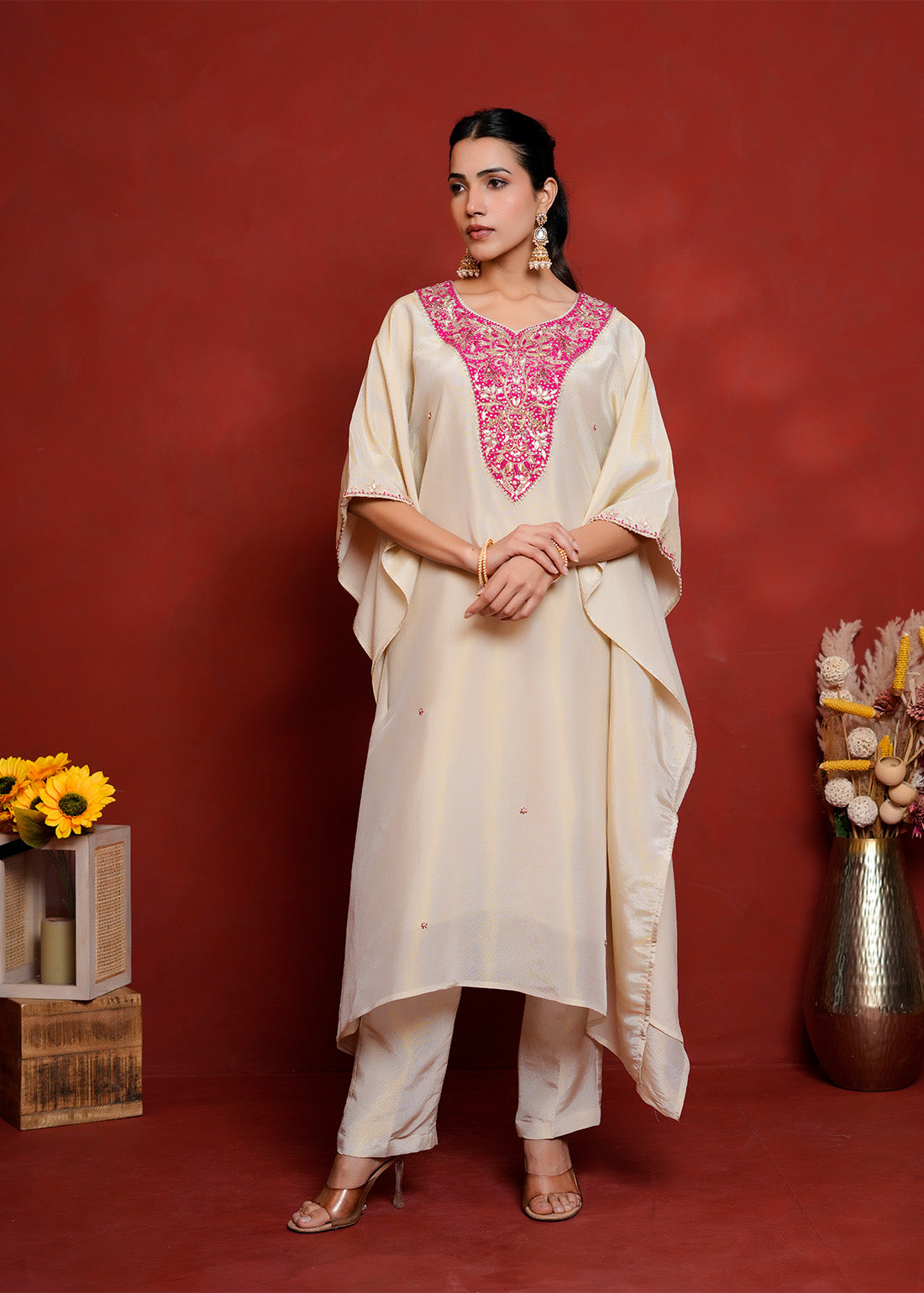 Farida – Ivory Hand-Embroidered Kaftan Pant Set