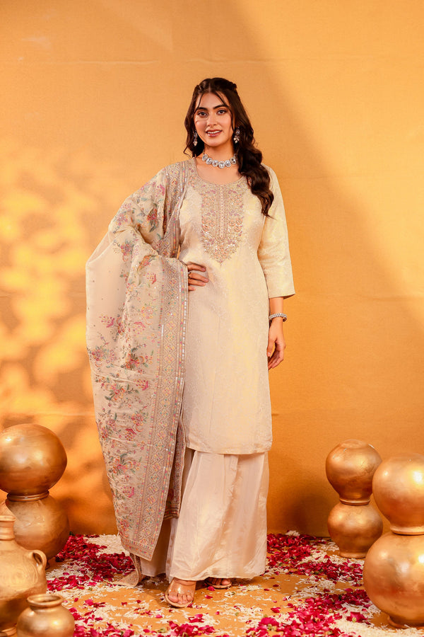 Mehr – Cream Banarasi Sharara Suit with Zardozi Work