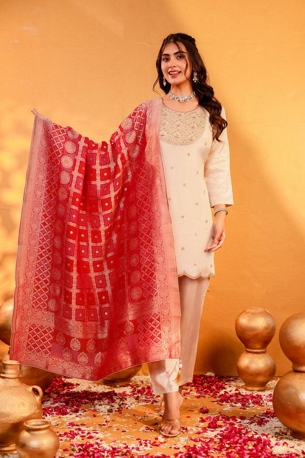 Nura – Cream Tissue Kurta Set with Georgette Dupatta