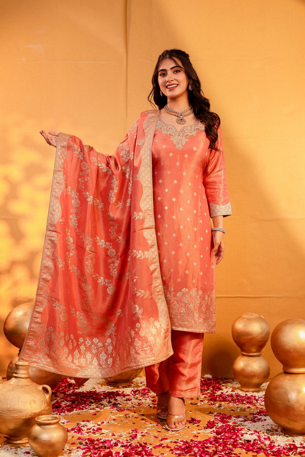 Rangrez – Coral Orange Tissue Zardozi Suit Set