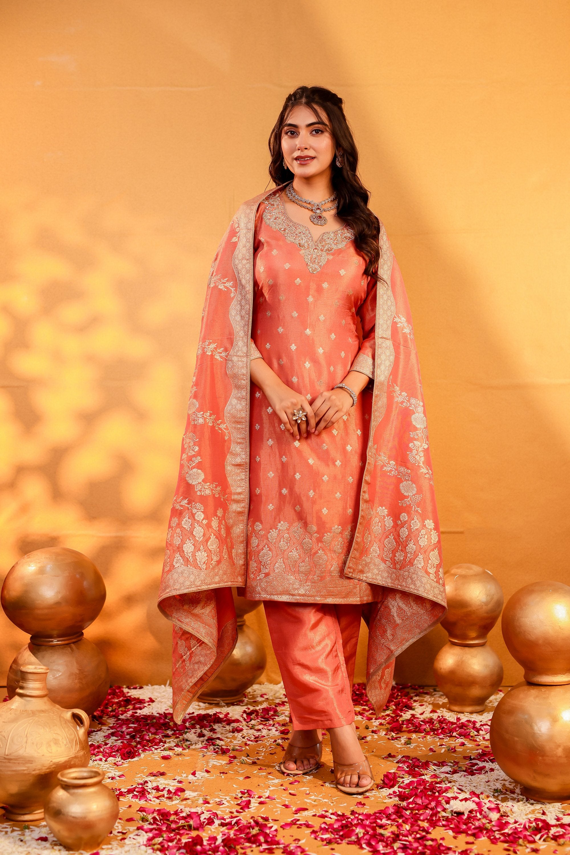 Rangrez – Coral Orange Tissue Zardozi Suit Set