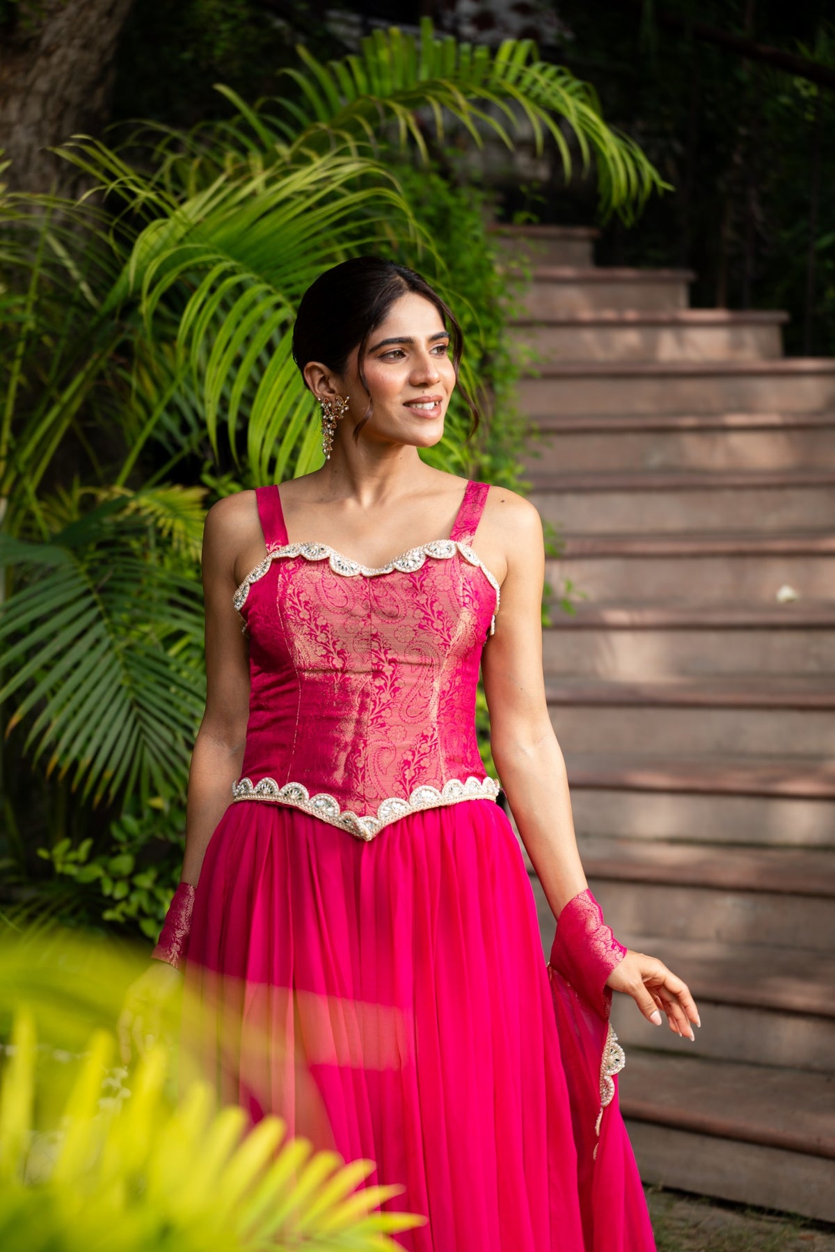 Rose Corset With Crush Skirt And Cuff Dupatta
